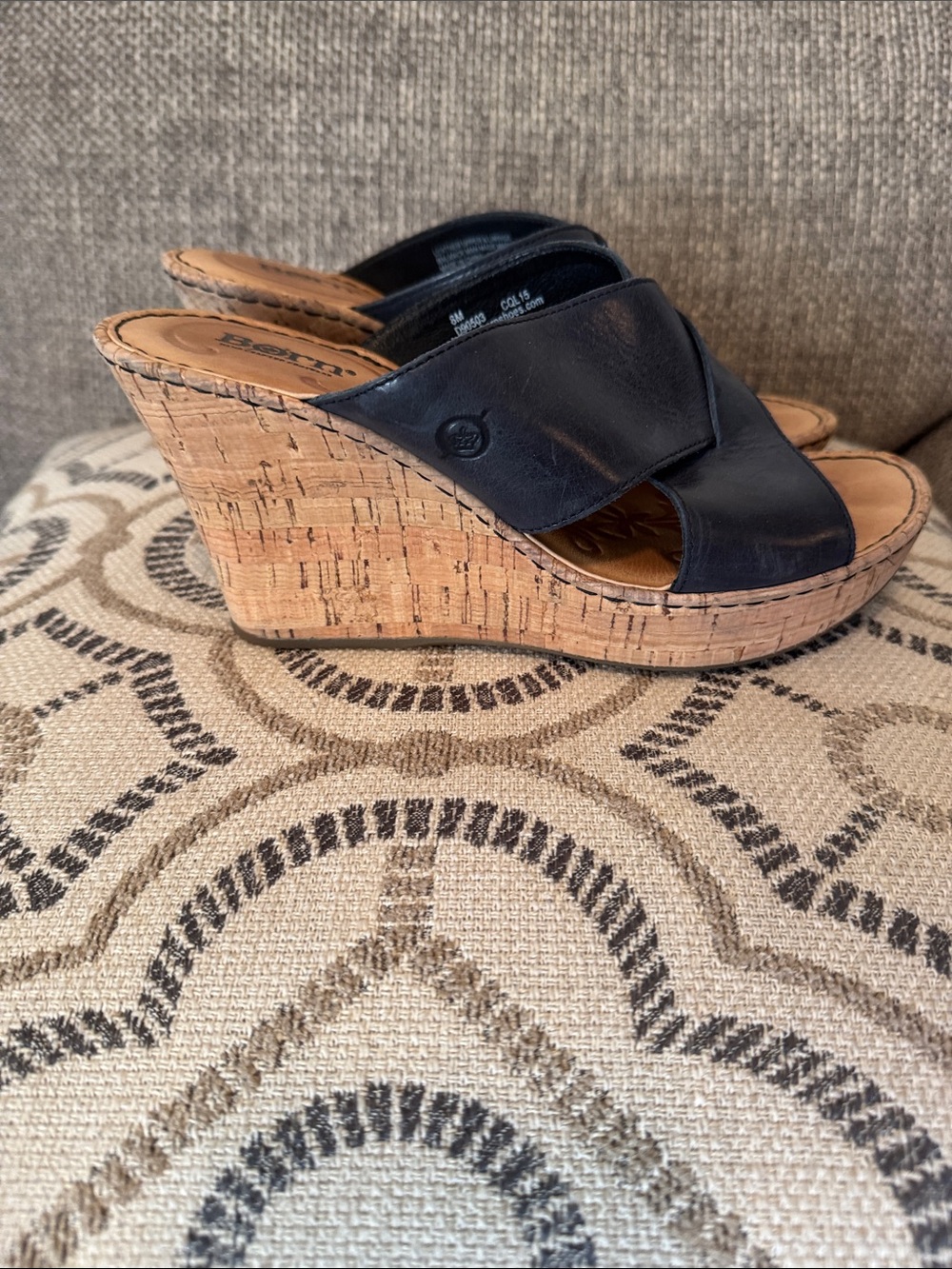 Born Navy Leather Cork Wedge Slide Sandals